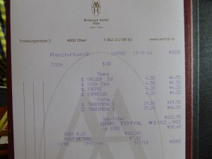 Rechnung Restaurant Aarhof